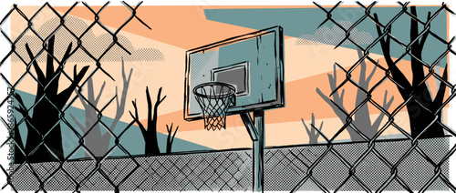 Hand-drawn basketball hoop and backboard on an empty urban court viewed through a chain-link fence in a nostalgic, graphic illustration style with a warm sunset sky