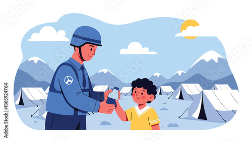 Peacekeeping soldier giving water to refugees, vector illustration highlighting humanitarian military support, compassion, relief effort, and global crisis assistance in clean flat design