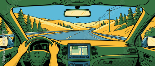Comic book style illustration of driving a car on a scenic highway through rolling hills, seen from the driver's first-person perspective with a GPS navigator on the dashboard