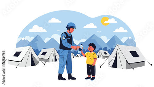 Peacekeeping soldier giving water to refugees, vector illustration highlighting humanitarian military support, compassion, relief effort, and global crisis assistance in clean flat design