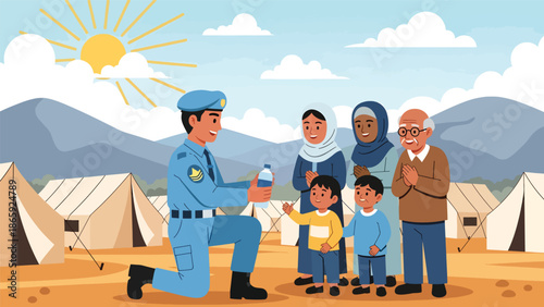 Peacekeeping soldier giving water to refugees, vector illustration highlighting humanitarian military support, compassion, relief effort, and global crisis assistance in clean flat design