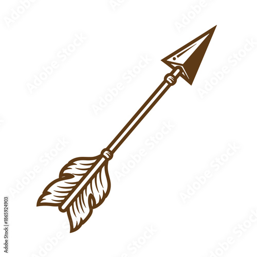 Brown arrow with feather fletching and sharp metal tip isolated on transparent background