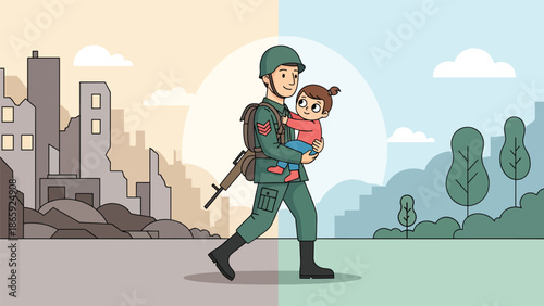 Soldier rescuing child from danger, humanitarian military vector illustration expressing protection, compassion, bravery, and emotional human connection during emergency and conflict situations