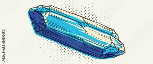 Blue faceted crystal gemstone illustration in a hand-drawn sketchy style with retro halftone dot patterns, showing a raw mineral with bold outlines and a graphic design aesthetic