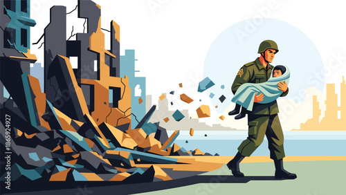Soldier rescuing child from danger, humanitarian military vector illustration expressing protection, compassion, bravery, and emotional human connection during emergency and conflict situations