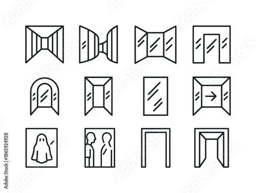 Mirrored Corridor Icons. Corridors of mirrors. Line icon set of corridors of mirrors: straight mirrored hall, curved hallway, angled mirror intersection,