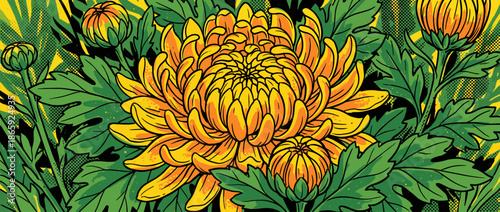 Detailed yellow chrysanthemum flower illustration in a bold comic book style with thick black lines, vibrant colors, and halftone dot shading on the petals and leaves