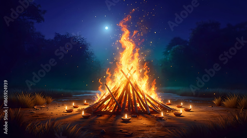 Traditional bonfire with oil lamps and full moon night scenery for lohri festival spiritual background, traditional indian winter festival at night with glowing warm fire light