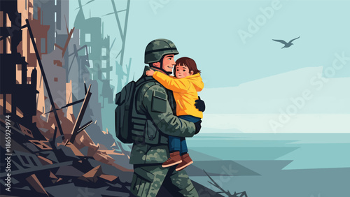 Soldier rescuing child from danger, humanitarian military vector illustration expressing protection, compassion, bravery, and emotional human connection during emergency and conflict situations