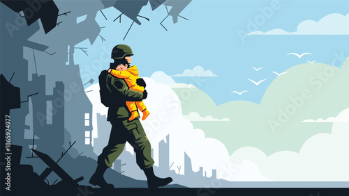 Soldier rescuing child from danger, humanitarian military vector illustration expressing protection, compassion, bravery, and emotional human connection during emergency and conflict situations