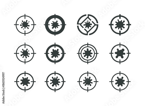 Paintball Icon Variations. Paintball. Icon set. Set Logo of paintball: crosshair target. harmonious logo variations of the same emblematic concept, each with