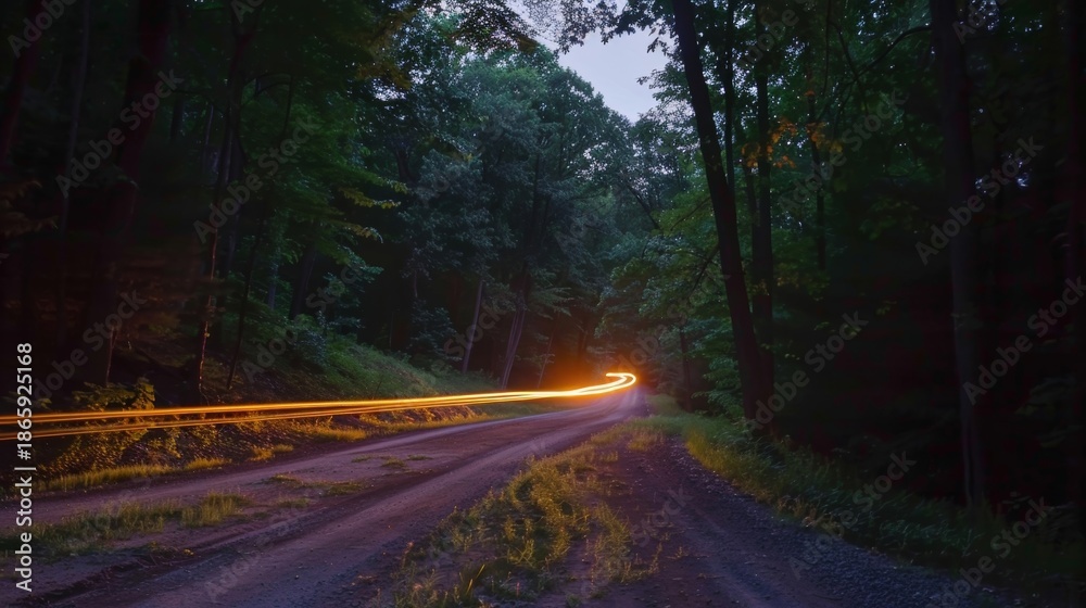 Fototapeta premium On a quiet country road car light trails converge towards a quaint forest entrance hinting at the adventure that awaits on the hiking trail ahead.