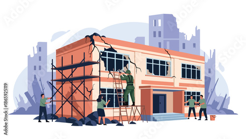 Soldiers rebuilding school with civilians, flat vector illustration symbolizing humanitarian military support, cooperation, recovery, peacebuilding, and shared hope after conflict or disaster
