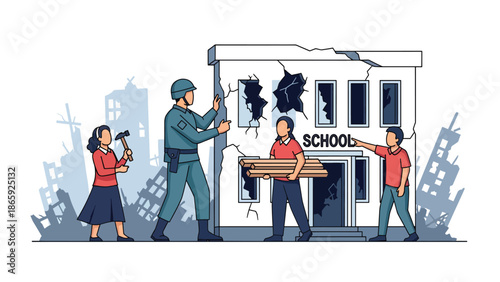 Soldiers rebuilding school with civilians, flat vector illustration symbolizing humanitarian military support, cooperation, recovery, peacebuilding, and shared hope after conflict or disaster