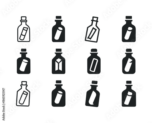 Message in Bottle Variations. Message in bottle. Icon set. Set Logo of message in bottle: corked glass bottle. harmonious logo variations of the same