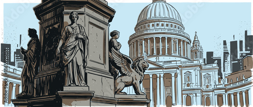 Classical stone monument with statues and a winged lion overlooks a grand domed cathedral and modern city skyline in this detailed hand-drawn graphic illustration