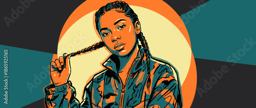 Stylish young woman with two braids and a camouflage jacket looks confidently at the camera in a bold, graphic comic book art style with a limited color palette