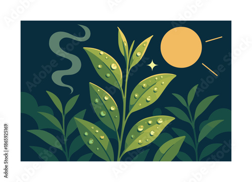 Dewy Tea Leaves. Dewy tea leaves. Fresh tea sprigs coated in tiny droplets; aroma waves rising gently. Warm sun glints adding lively highlights. Modern flat