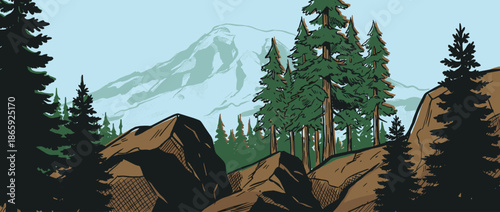Beautiful mountain landscape illustration with pine trees and rocky terrain in a retro comic book art style showing a majestic snow-capped peak under a clear blue sky