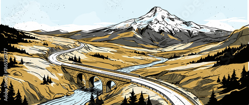 Winding mountain road crossing a stone arch bridge over a river in a vast, scenic valley with a snow-capped peak, depicted in a retro, hand-drawn illustrative style