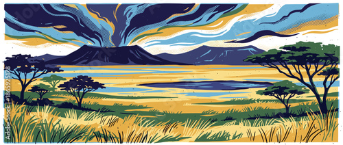 Dramatic illustration of an erupting volcano spewing a large plume of smoke and ash over a vast savanna landscape with acacia trees and a small lake in a stylized graphic style
