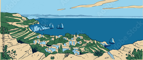 Illustrated coastal village on a cliffside overlooking a calm blue sea with rocky stacks, a retro comic book style drawing with a limited color palette and halftone details