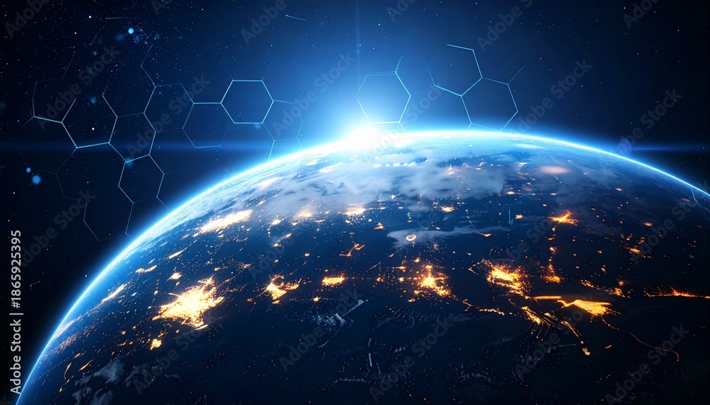 Obraz premium Digitally rendered Earth with hexagonal grid overlay, glowing orange urban lights and blue tech flares on dark space backdrop.
