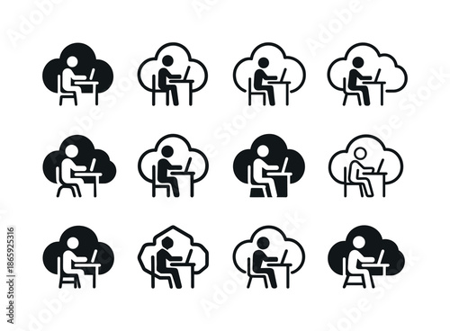 Cloud School Logos. Cloud-based school systems. Icon set. Set Logo of cloud-based school systems: remote learning desk. harmonious logo variations of the same