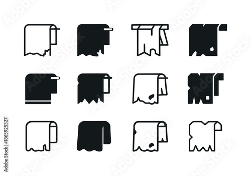 Worn Towel Logos. Worn Towel. Icon set. Set Logo of worn towel: aged bath linen emblem. harmonious logo variations of the same emblematic concept, each with