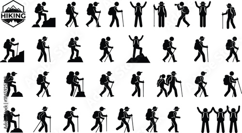 Hiking and trekking silhouette icon set showing backpackers, mountain climbers and outdoor explorers in motion, black minimalist vector illustrations for adventure, travel and nature design projects.