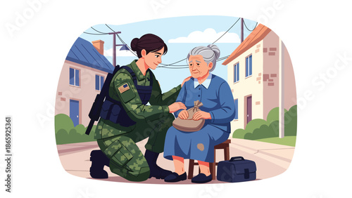 female soldier comforting elderly civilian, vector illustration highlighting empathy, humanity in military service, compassion, protection, and emotional support during crisis situations