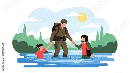 Soldier assisting refugees crossing river, vector illustration expressing humanitarian military service, compassion, protection, rescue effort, and support for displaced civilians