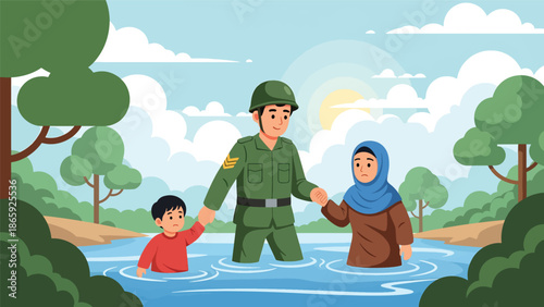 Soldier assisting refugees crossing river, vector illustration expressing humanitarian military service, compassion, protection, rescue effort, and support for displaced civilians