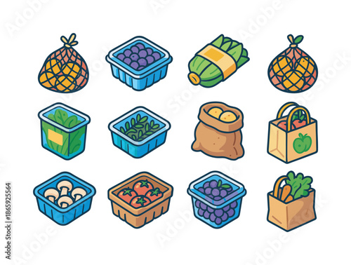 Colorful Produce Packaging Icons. Produce packaging. Colorful isometric vector icons set of produce packaging: mesh produce bag, berry clamshell, veggie wrap,