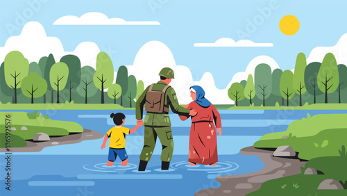 Soldier assisting refugees crossing river, vector illustration expressing humanitarian military service, compassion, protection, rescue effort, and support for displaced civilians