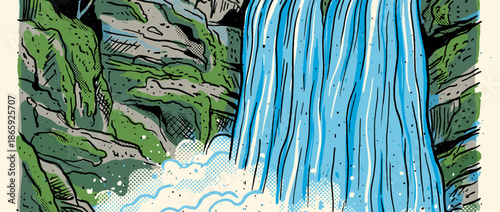 Graphic waterfall illustration in a pop art comic book style, showing vibrant blue water flowing over green mossy rocks with bold ink lines, halftone patterns, and splashing foam