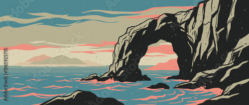 Large coastal rock arch formation illustrated in a graphic, retro style with a limited color palette of blue, pink, and grey, showing a serene seascape at sunrise or sunset