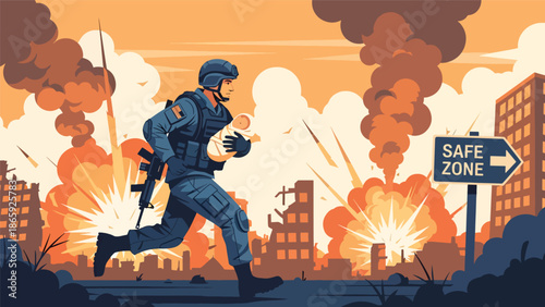 Military soldier holding newborn during evacuation, flat vector illustration highlighting humanity, compassion, protection of life, and humanitarian care in emergency military operations
