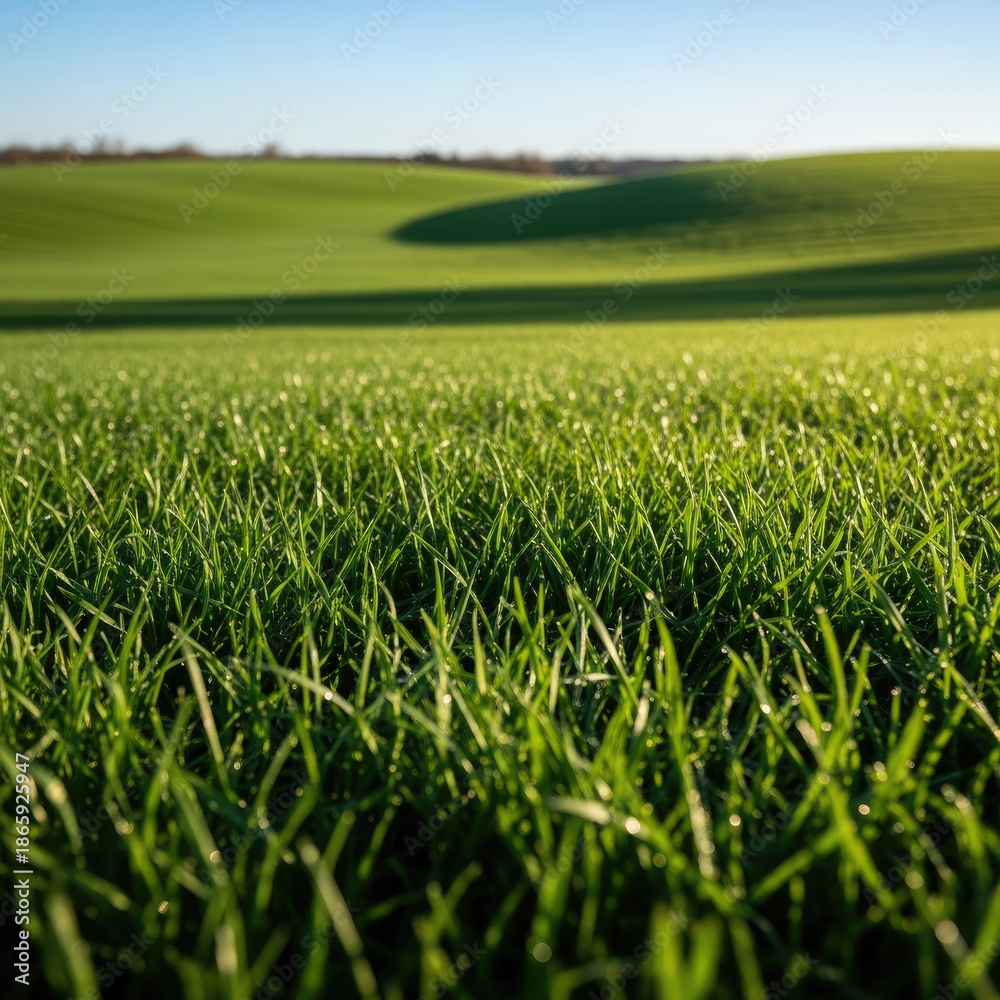 Obraz premium Closeup of Dew Drops on Lush Green Grass Blades in a Field.