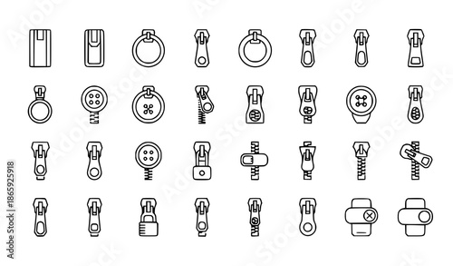 Geometric outline zipper puller and lock icon set, 32 vector icons for web and app