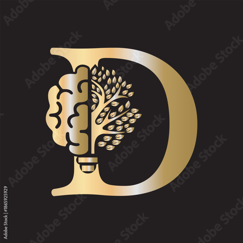 Brain Tree Logo  combine with letter D vector template