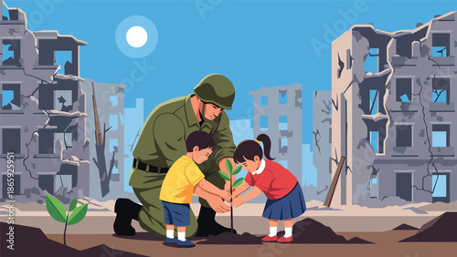 Soldiers planting trees with children, flat vector illustration symbolizing humanitarian military role in rebuilding, environmental recovery, peace, and hope for future generations