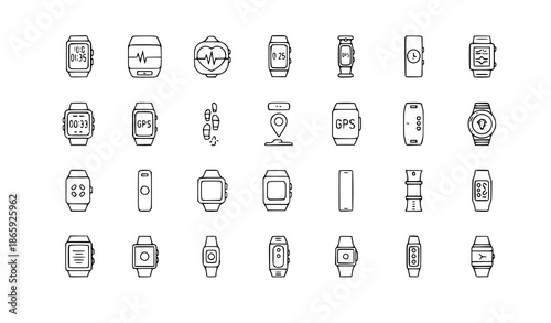 32 sport fitness tracker wristband vector icons set for web and app, simple outline illustration