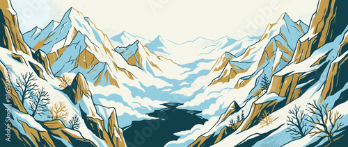 Stylized mountain range illustration with snow-capped peaks and a river flowing through a deep valley, rendered in a retro graphic style with halftone dot textures