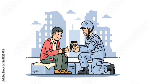 Soldier sharing food with homeless civilian, flat vector illustration highlighting humanity in military service, compassion, kindness, and social responsibility in urban environments
