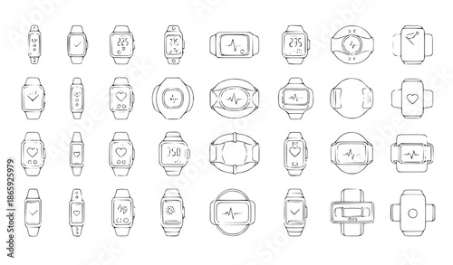 Geometric outline sport fitness tracker wristband vector icon set, 32 minimal wearable tech icons