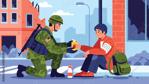 Soldier sharing food with homeless civilian, flat vector illustration highlighting humanity in military service, compassion, kindness, and social responsibility in urban environments
