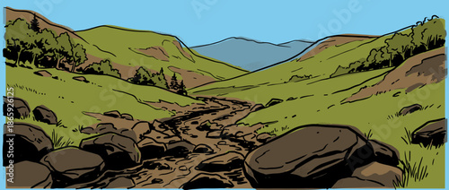 Bold comic book style illustration of a rocky stream bed winding through a lush green mountain valley with distant peaks under a clear blue sky
