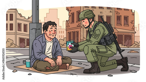 Soldier sharing food with homeless civilian, flat vector illustration highlighting humanity in military service, compassion, kindness, and social responsibility in urban environments