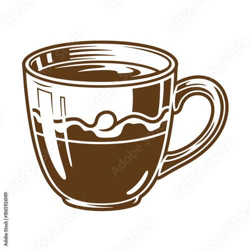 Brown coffee cup with handle on right side filled with liquid on white background